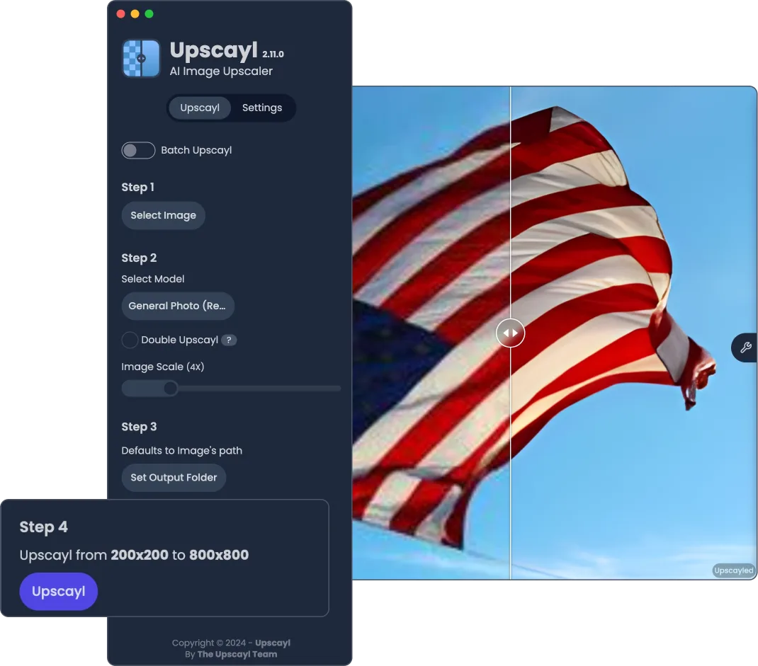 Upscayl 2.11.0 window on macOS with the four steps and a before-and-after slider over a photo of a flag, upscaled from 200x200 to 800x800.