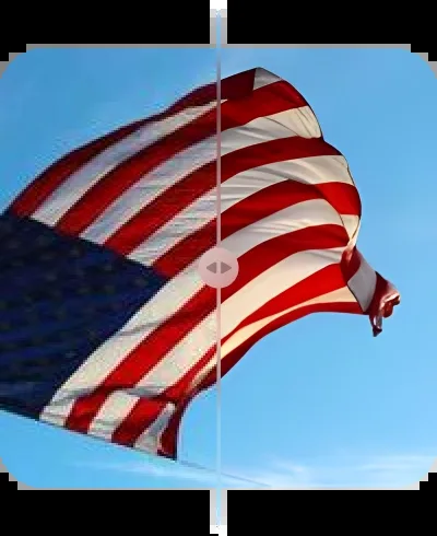 Before-and-after slider over a flag photo: the left half is soft and pixelated, the right half is the sharper Upscayl output.