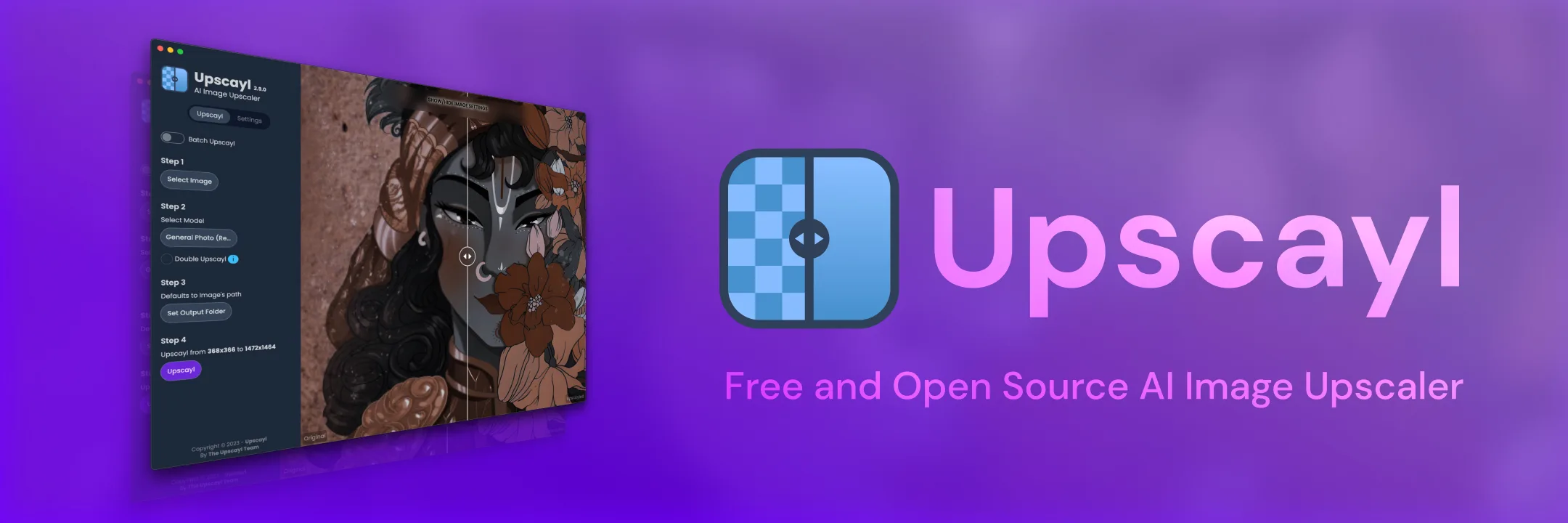 Upscayl project banner with the 2.9.0 main window, showing Step 3 Defaults to Image's path and Step 4 Upscayl from 368x366 to 1472x1464.